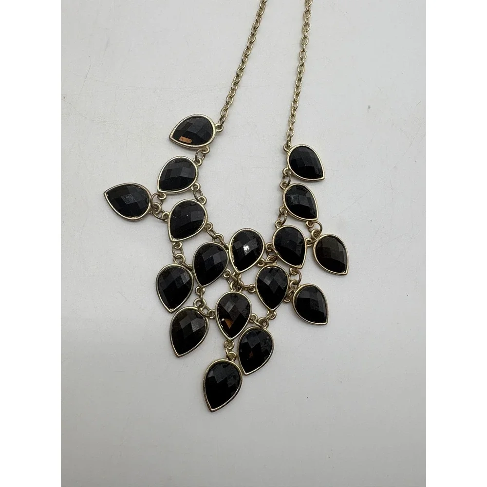 Black Teardrop‎ Bib Statement Necklace Gold Tone Tiered Faceted Stone